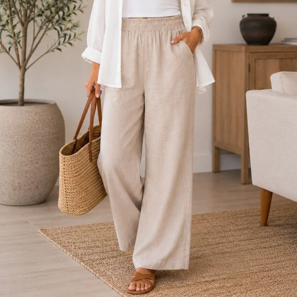 H&M Linen Blend Wide Leg Pull On Pants Beige Elastic Waist Pockets Quiet Luxury